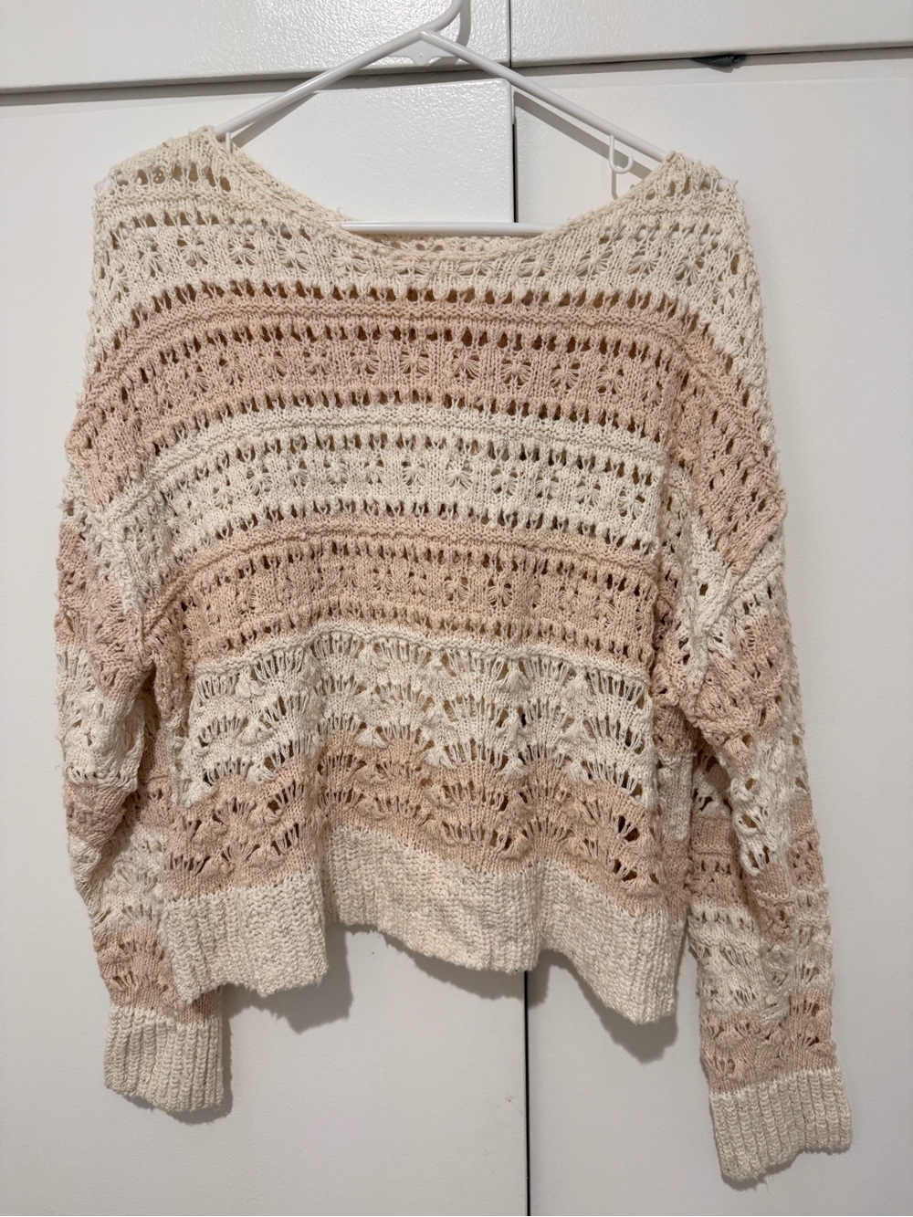 Pilcro Open-Knit Striped Scoop-Neck Sweater in Cream and Tan